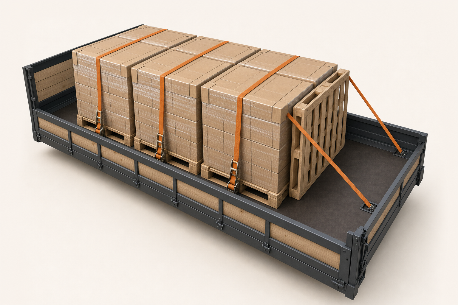 Ilustração de carroceria aberta com pallets de caixas presos por cintas laranja tensionadas pelo lado interno das guardas laterais e cintas diagonais na traseira.