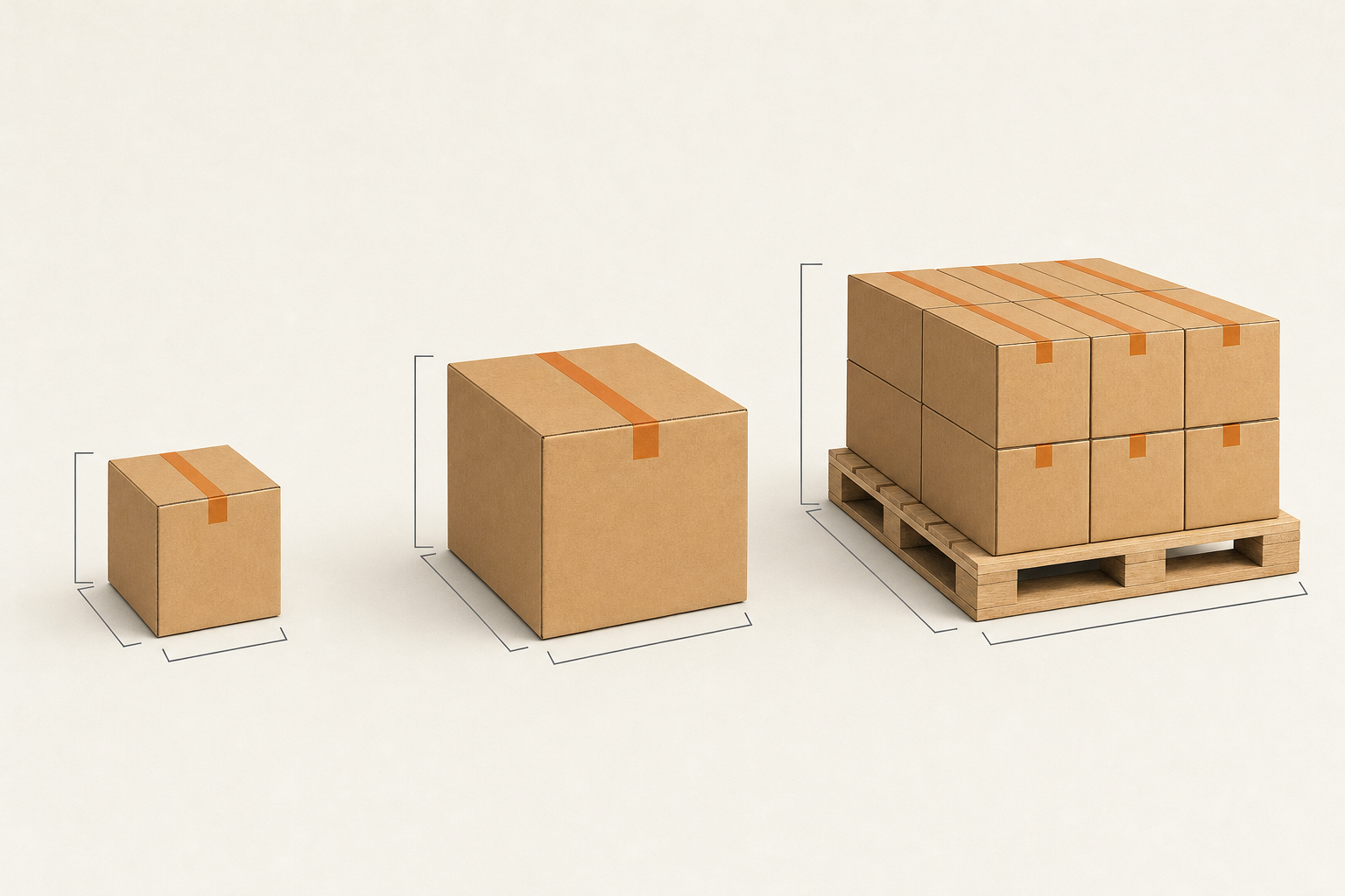 Ilustração de uma embalagem unitária, uma caixa de transporte e um pallet com caixas, cada conjunto acompanhado por linhas de medição externas.