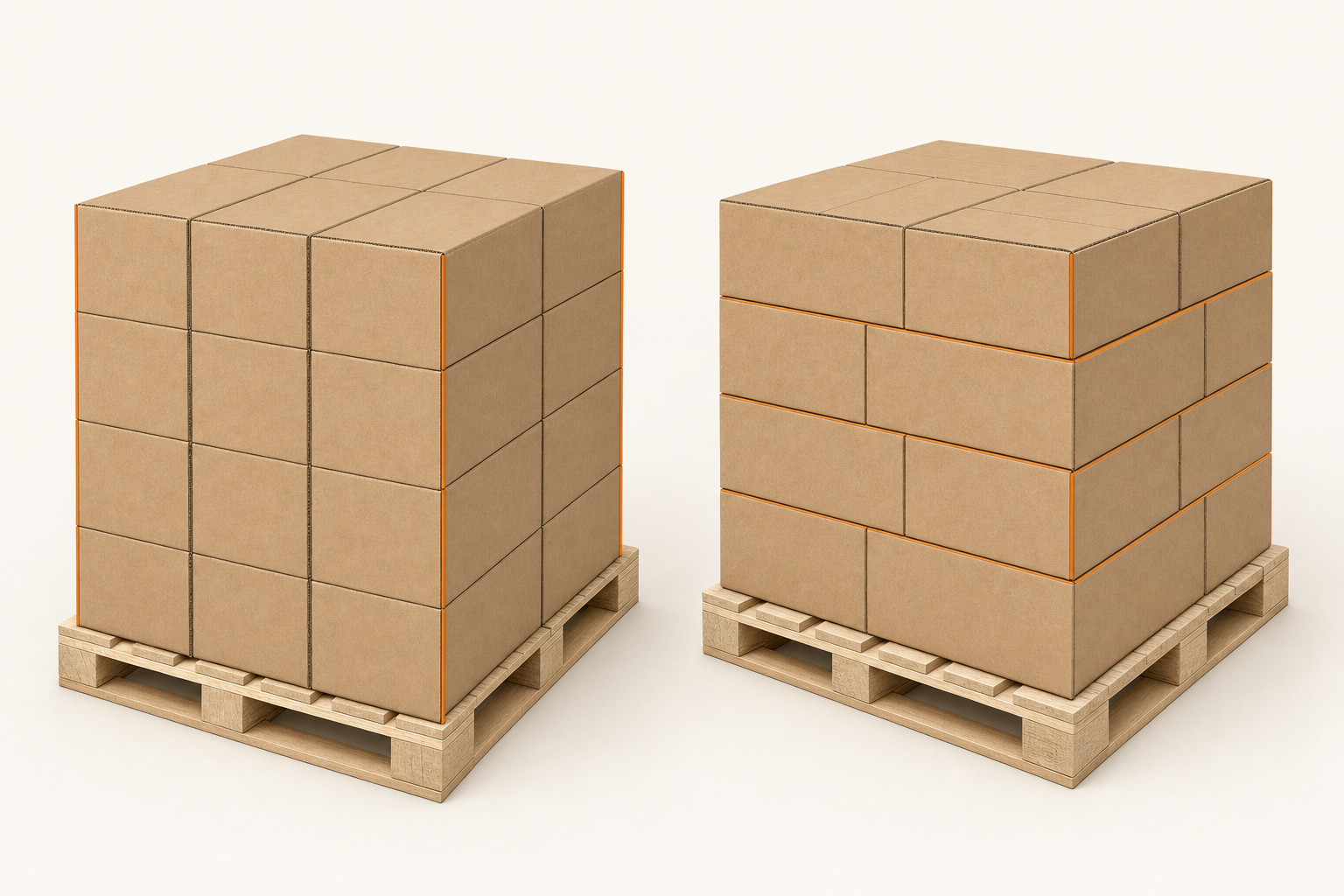 Ilustração de dois pallets com caixas de papelão, mostrando juntas alinhadas em colunas e diferentes orientações entre camadas.